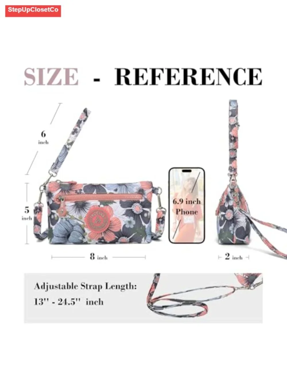 Nylon RFID Wristlet Wallet Convertible Crossbody Purse Tri-Zip